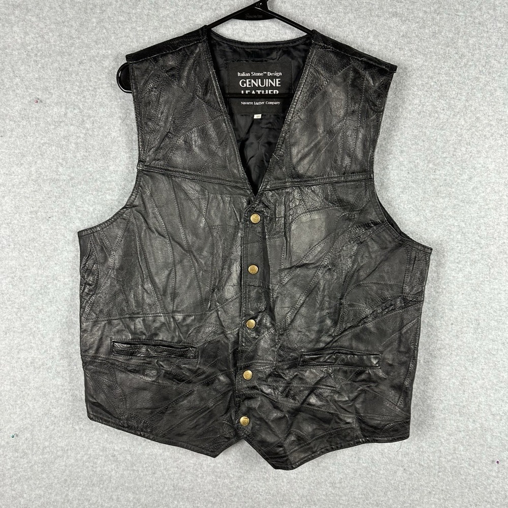 Genuine Navarre Leather Company Vest Men 2XL XXL Black Italian Stone‎ Patchwork